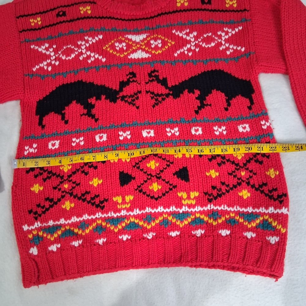 VTG Men's Club Chunky Hand Knit Red Aztec Fair Isle Wool Blend Sweater Medium - Picture 5 of 9